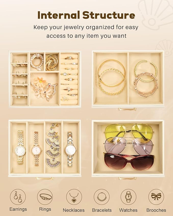 Jewelry Box with 3 Drawers: Display Organizer for Earrings Necklaces - Gift for Girls Women (White)