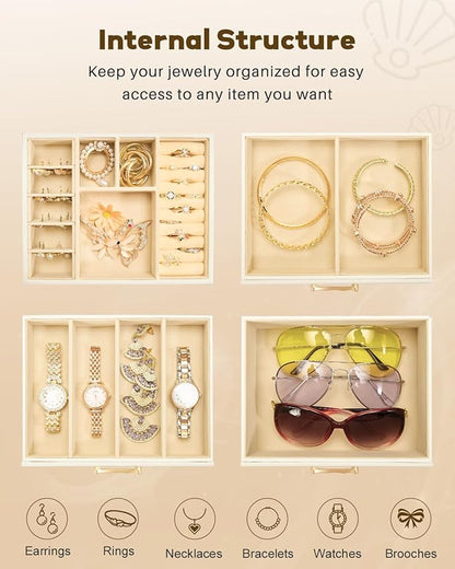 Jewelry Box with 3 Drawers: Display Organizer for Earrings Necklaces - Gift for Girls Women (White)
