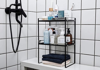 Shantton 2pk Kitchen Cabinet Shelf Counter Organizer Rack Pantry Storage Bathroom Bedroom Office Table Desk Space Saving Steel Frame Stackable Rust Resistant Non Slip Black-Tall-L13in W8.3in H9.5in