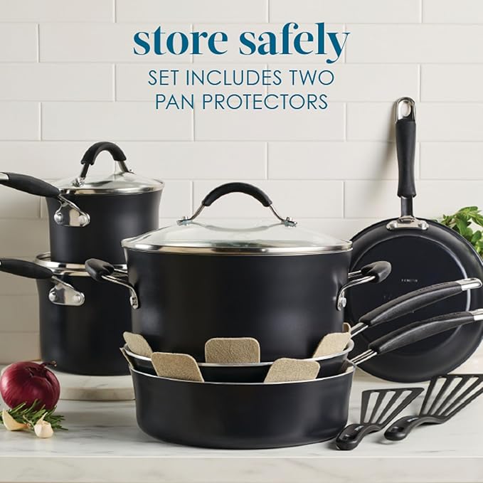 Rachael Ray Cucina Ceramic Cookware Set - 13 Pieces - Ceramic Pots and Pans Set w/Nonstick Frying Pans, Saute Pan, Saucepans, Stockpot, Lids, Pan Protectors - Peppercorn
