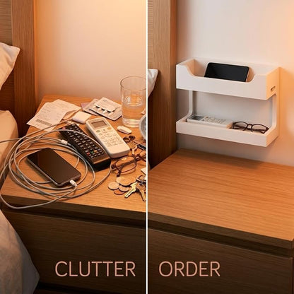 Wooden Bedside Caddy, Wall Mounted Shelf with Dual Storage Layers, Bedside Accessories Organizer with Charging Port for Phone, Remote, Earphone, Glasses