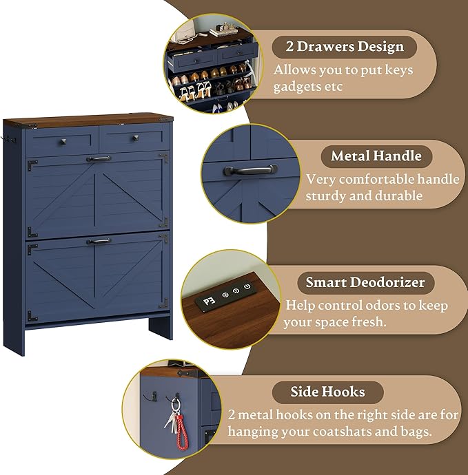 Shoe Cabinet with Odor Control Deodorizer and Back Panel, Farmhouse Narrow Shoe Storage Cabinet Rack for Entryway with 2 Flip Drawers and 2 Top Drawers, Adjustable Shelves, Side Hooks