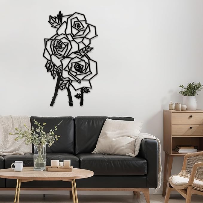 SIGNLEADER Metal Wall Art Decor Thorny Rose Modern Abstract Wall Sculpture Hangings Home Decoration for Living Room, Bedroom, Bathroom, Kitchen, Outdoor - 30" Black