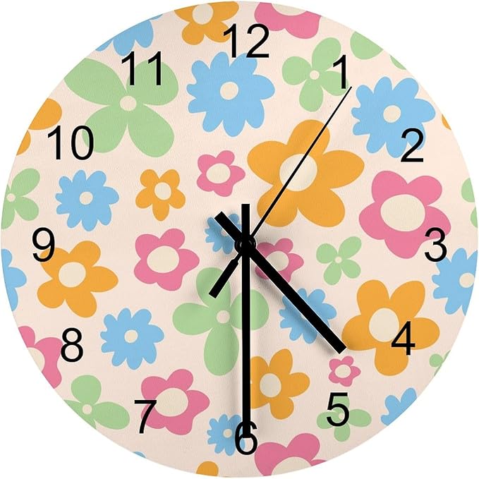 Flower Wall Clock Silent Non Ticking Battery Operated, Cartoon 70s Cute Flower Abstract Pastel Daisy Floral Clock Decorative for Bathroom Kitchen Bedroom Living Room(12 Inch)