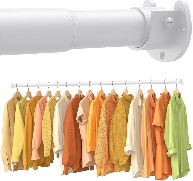 Closet Rods for Hanging Clothes, 17-69 Inch No-Cut Stepless Adjustable Closet Rod, 1.3 Inch Heavy Duty Metal Closet Hanging Rod with Brackets, White Closet Bar for Closet, Laundry Room, RV, Wardrobes