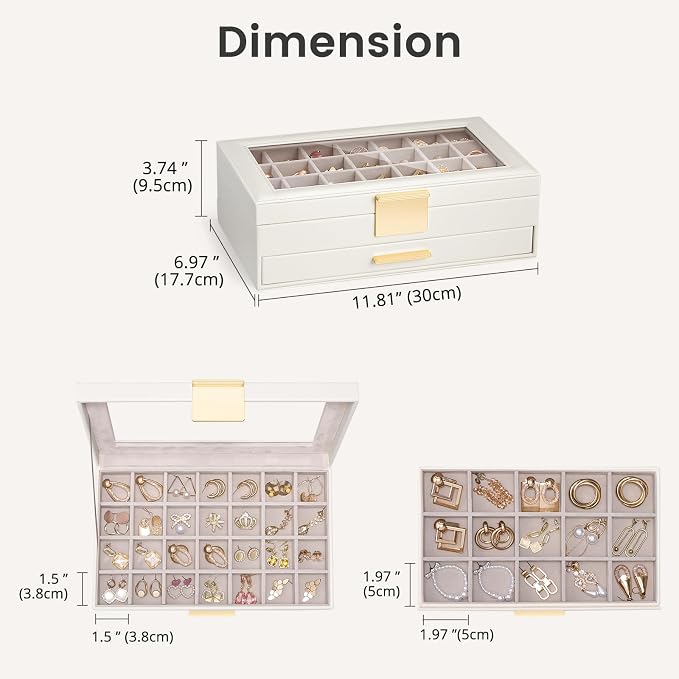 Lolalet Earring Storage Box Case with Glass Top, Large Earring Jewelry Holder Organizer Display with Drawer and Grid, Gift for Girls Women -2 Tiers, Cloud White