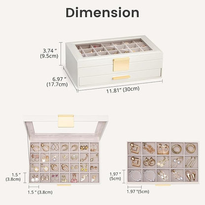Lolalet Earring Storage Box Case with Glass Top, Large Earring Jewelry Holder Organizer Display with Drawer and Grid, Gift for Girls Women -2 Tiers, Cloud White