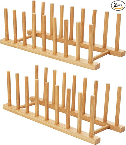 HBlife 2pcs Bamboo Dish Plate Bowl Cup Book Pot Lid Cutting Board Drying Rack Stand Drainer Storage Holder Organizer Kitchen Cabinet（Keep Dry）