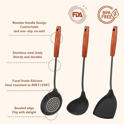 FJNATINH Wok Tools, Wok Utensil,Wok Spatula,Ladle,Skimmer Tool Set,Non Stick Heat-Resistant Silicone Cooking Utensils BPA Free Kitchen Utensils Cookware, Pack of 3,Black