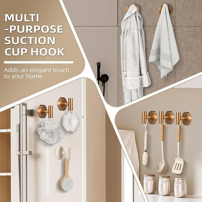 Suction Cup Hooks for Shower - Bathroom Reusable Hooks for Towels, Robes & Loofah - No-Drill Mounting on Kitchen,Walls,Metal,Glass,Mirrors,Tile & Smooth Non-Porous Surfaces (2, Champagne Bronze)