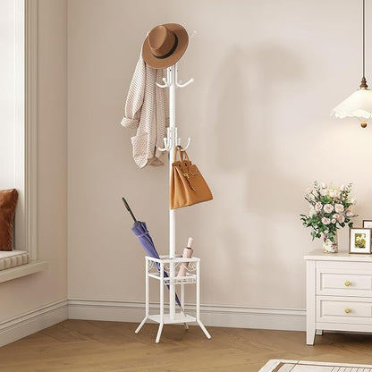 ELYKEN Coat Rack Freestanding with Umbrella Holder, Coat Tree with 12 Hooks, Coat Hanger Stand for Entryway, Metal Coat Rack Hat Rack Stand for Living Room Bedroom Office, White