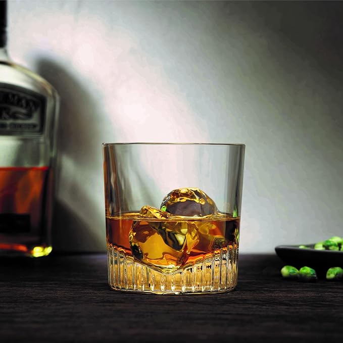 NUDE Whiskey Glasses Set of 4 – Caldera 11 oz Lead-Free Crystal Old Fashioned Rocks Glasses for Whisky, Scotch & Bourbon – V-Shape Motif Base, Dishwasher Safe Barware