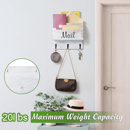 DRASTAR Mail Organizer Wall Mounted, Wooden Mail & Key Holder for Wall, Hanging Mail Organizer, Retro White Mail Basket for Home Office