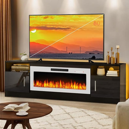 LEMBERI 70" Black TV Stand with 36" White Electric Fireplace, 750W/1500W Entertainment Center for TVs up to 80", 20-Color LED, 300lbs Max Capacity High Gloss Cabinet, Two-Tone Style