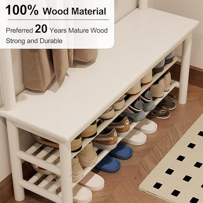 AQIMUELE Coat Rack with Shoe Storage, Wooden Hall Tree with Bench, 11 Hooks and 2-Tier Storage Shelves, 3-in-1, Entryway Bench with Coat Rack (39.3"-Deep White)