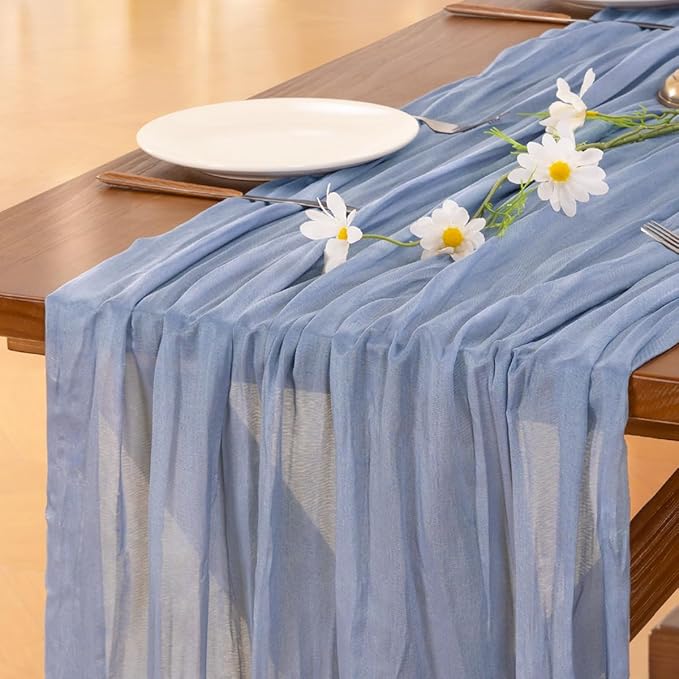 Socomi 6pcs Dusty Blue Valentine's Day Cheesecloth Table Runner Boho Rustic Gauze 120 inch 10FT Cheese Cloth Runner for Wedding Party Baby Shower Birthday Home Decor Holiday Decorations