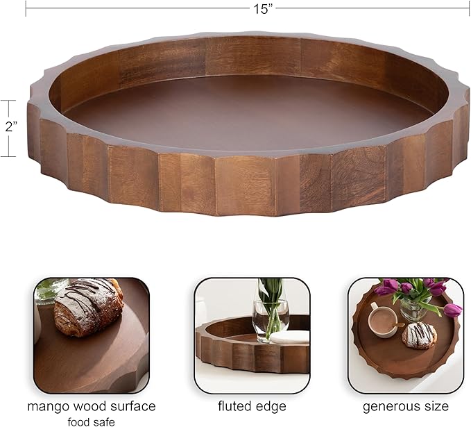 Kate and Laurel Lissi Decorative Round Tray with Wavy Design, 15 Inch Diameter, Walnut Brown, Mid-Century Modern Scalloped Circle Serving Tray for Coffee Table, Ottoman, or Entryway Decor