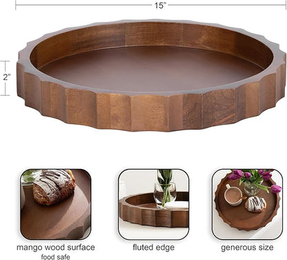 Kate and Laurel Lissi Decorative Round Tray with Wavy Design, 15 Inch Diameter, Walnut Brown, Mid-Century Modern Scalloped Circle Serving Tray for Coffee Table, Ottoman, or Entryway Decor