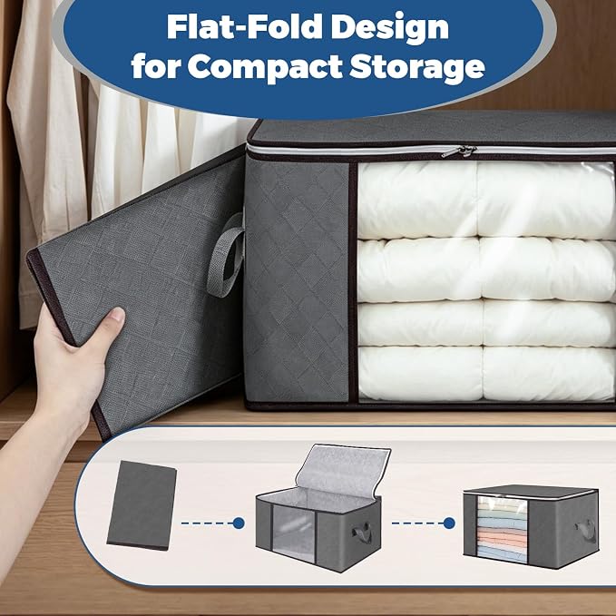 Pterying 8Pack Closet Organizers and Storage Bags with Clear Window & Reinforced Handle, Foldable Clothes Storage Bins with Zippers for Comforter, Blankets, Bedding