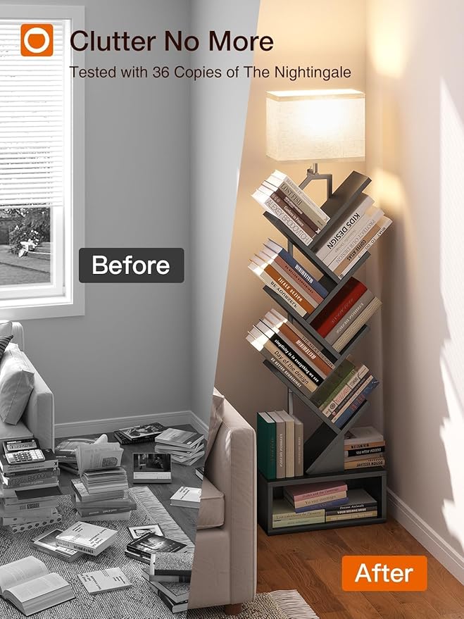 addlon 6-Tier Tree Book Shelf with LED Light, Steel&Wood Bookshelf with Storage Cabinet, Narrow Tall Bookcase with 3CCT Bulb, Small Bookshelf for Bedroom, Home Office&Living Room-Black Oak