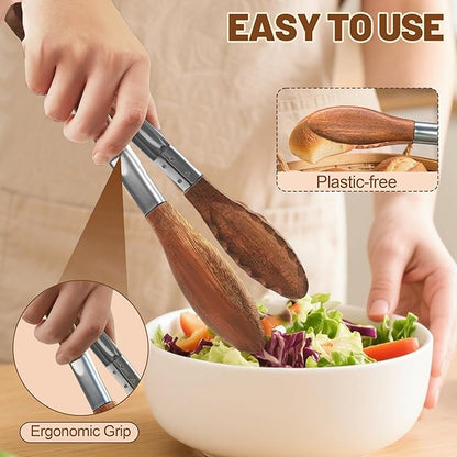 Wooden Tongs for Cooking, Multi-Purpose for Tossing Salads, Grilling, Flipping Food & Serving Bread - Strong Grip Walnut Wood Tips, Heat Resistant & Non-Deforming (12inch)