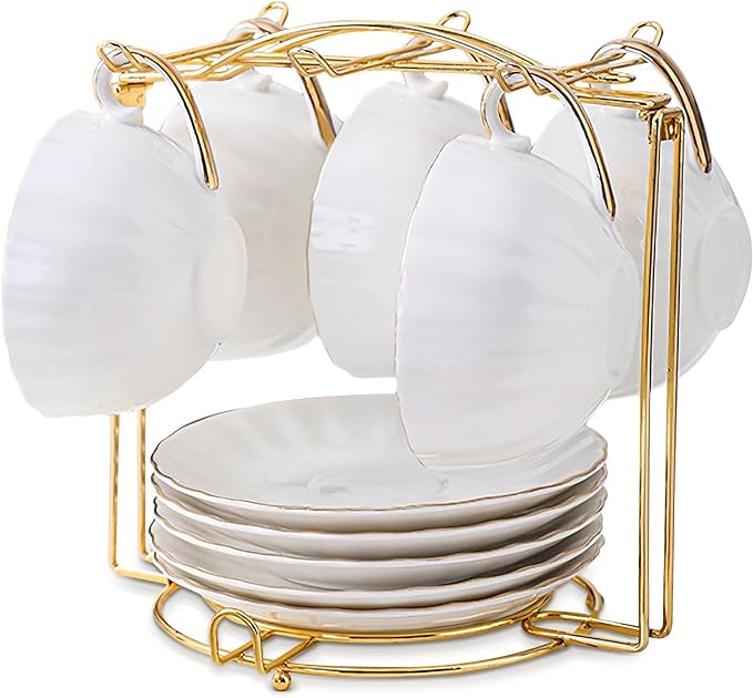 Tea Cups Holder,Gold Metal Coffee Cup Tea Cups Rack,Foldable Organizer for Coffee Cup Spoon and Saucers
