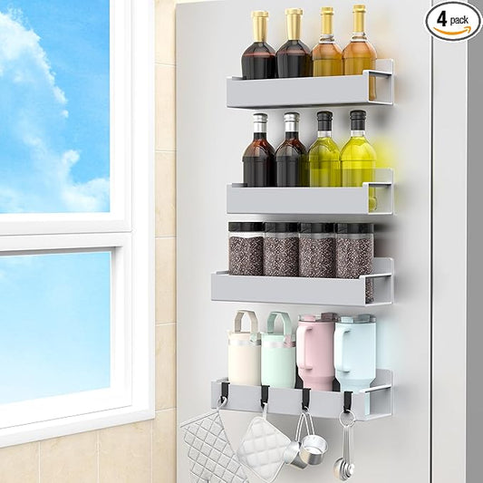 HuggieGems 4 Pack Magnetic Spice Rack Organizer for Refrigerator and Oven, Silver Fridge Organizers and Storage for Kitchen