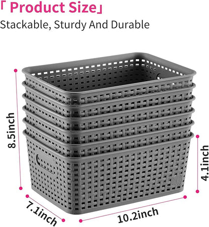 AREYZIN Small Storage Bins Plastic Storage Baskets Set of 6 Sturdy Small Pantry Organizer Bins Organization and Storage Shelves Baskets for Organization, Countertops, Desktops, Cabinets, Bedrooms
