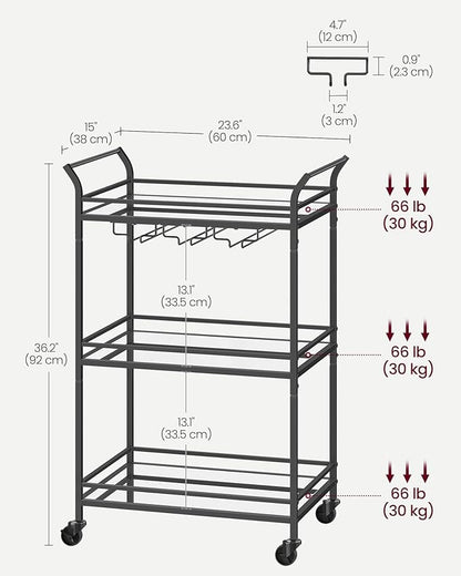 VASAGLE Bar Cart Black, Small Home Bar Serving Cart with 3-Tier Mirrored Shelf, Wine Holders, Glass Holders, for Small Spaces, Kitchen, 15 x 23.6 x 36.2 Inches, Black ULRC100B01
