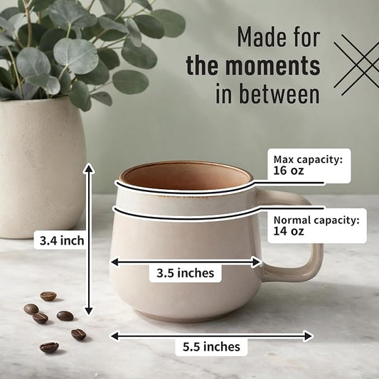 Ava Nord Large Ceramic Coffee Mugs Set of 4 | 16 oz Stoneware Coffee Cups | Lead-Free, Non-Toxic | Microwave and Dishwasher Safe | Comfortable Handle | Nordic Design for Tea, Cocoa, Latte | Rose Sand