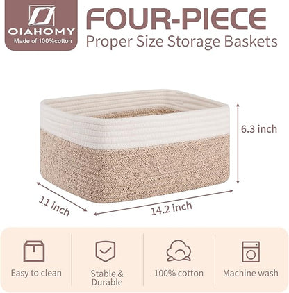 OIAHOMY 4 Pack Storage Baskets for Organizing, Small Bins for Shelves, Cute Decorative Storage Bins, Organizer Baskets for Gifts Empty, 14.2''Lx11''Wx6.3''H, Brown/White