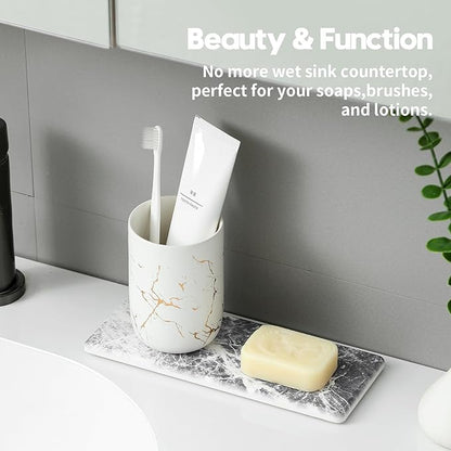Razborci 2PCS Bathroom Sink Vanity Trays, Water Absorbing Diatomite Stone Quick Drying Mat for Kitchen Counter, Dish Rack Dispenser Sponge Holder Caddy Organizer, Marble Crack, 9"x3.5"
