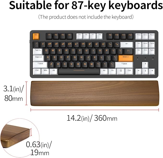 Walnut Wooden Wrist Rest for 87 Key Mechanical Keyboard | Ergonomic Design for Wrist Pain Relief, Smooth No Odor and Easy to Clean, Support Wrist to Coding Typing and Playing