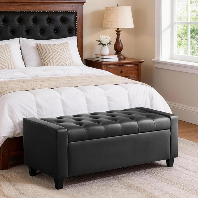 Ottoman with Storage，Storage Ottoman Bench, Storage Bench for Bedroom with Safety Hinge，Bedroom Benches with Seating for Living Room, Entryway (Black-PU)