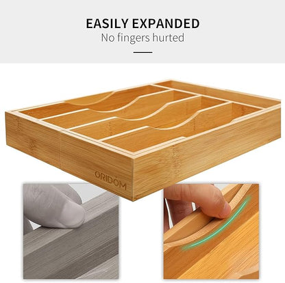 2-Piece Bamboo Silverware Organizer, Expandable Kitchen Drawer Organizer for Cutlery and Utensils, Multifunction Adjustable Bamboo Wood Cutlery Tray in Drawer for Flatware, (Natural)