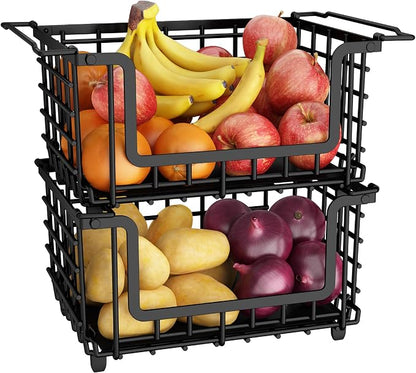 2 Pack Stackable Metal Wire Vegetable Fruit Basket for Kitchen Counter Cabinet, Pantry Organizers and Storage Basket, Food Can Snack Onion Potato Bread Storage Shelf Freezer Organizer Bins Containers