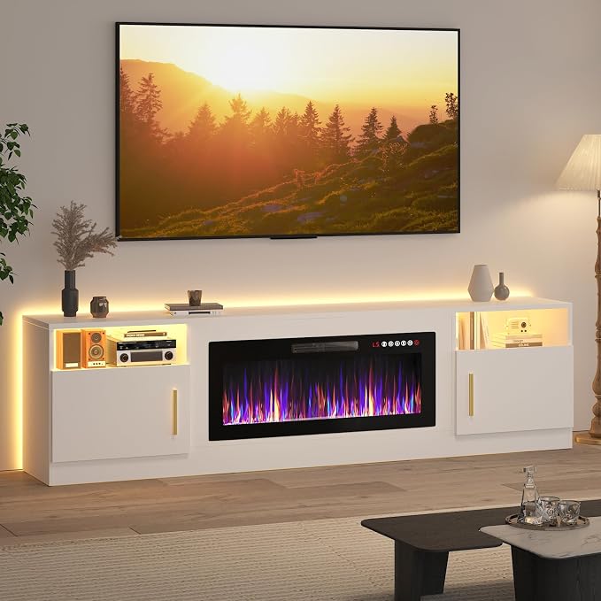 LEMBERI 80 Inch Fireplace TV Stand for TVs up to 90", 36" Electric Fireplace Entertainment Center with 20-Color LED, 300lbs Max Capacity Modern Wood Media Console Cabinet, White