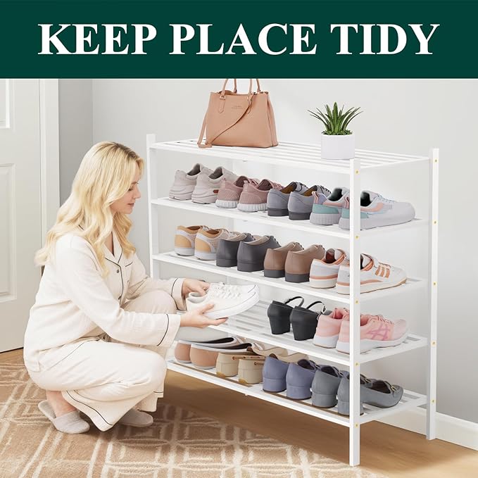 Smiry Long Bamboo Shoe Rack 5-Tier, Stackable Wooden Shoe Organizer for Entryway & Closet, Free Standing Wood Shoe Storage Shelf for Front Door & Small Spaces, White