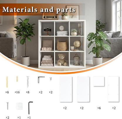 WannabeMyself【2026 Wooden Thick Frame】 9 Cube Storage Organizer with Anti-Tipping Kits, Reversible Open Back Book Shelf,Bookcase for Living Room,Bedroom,Entrance Hall,Office,11.6×36.3×36.3,White