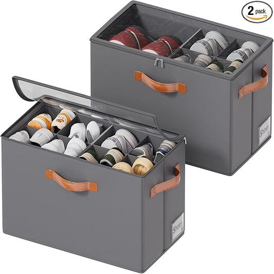 2 Pack Shoe Organizer for Closet, Foldable Shoe Storage Organizer with Adjustable Dividers and Clear Cover, Stackable Fabric Closet Shoe Organizer Storage Box Fits 16 Pairs, Gray