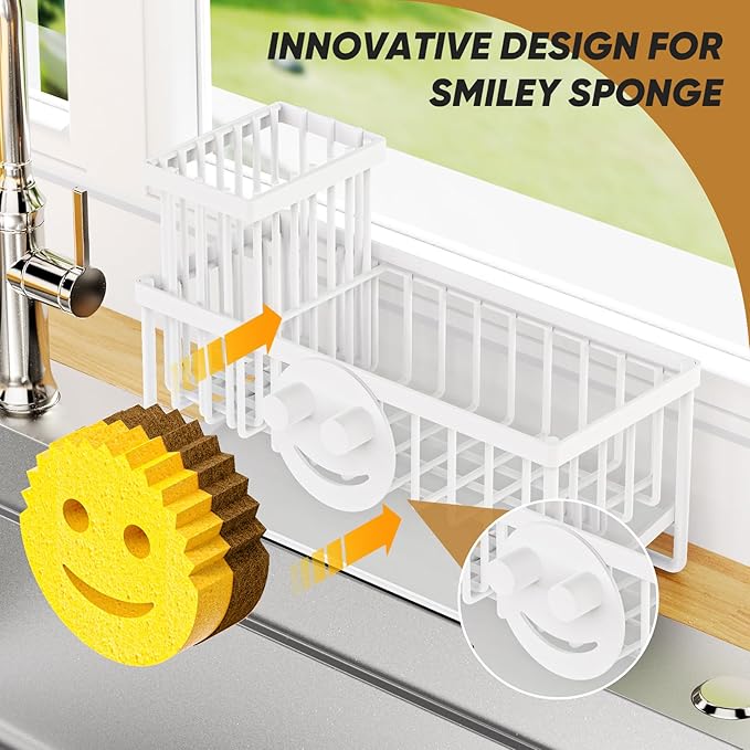 Taugast Sponge Holder for Kitchen Sink,Smiley Face Sink Caddy with Removable Brush Holder,Self-Draining Sponge Caddy for Soap,Dish Brush,Scrubber,Kitchen Essentials and Gadgets-White