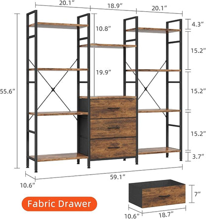 AFLUI Triple Bookshelf with 3 Fabric Drawers, 4-Tier Book Shelf and 10 Display Shelves, Industrial Large Bookcase for Home & Office, Rustic Brown, 59'' Wide