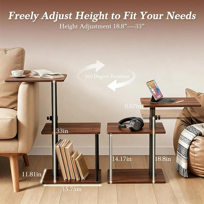 Swivel Side Table for Couch Arm, Height Adjustable C Shaped End Table for Recliner or Bed, Tv Trays with Storage Shelf for Small Spaces- Small Nightstand for Living Room, Bedroom