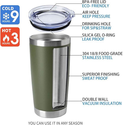 HASLE OUTFITTERS 20oz Tumblers Bulk Stainless Steel Cup with Lid Double Wall Vacuum Insulated Coffee Mug for Cold & Hot Drinks 8 Pack, Army Green