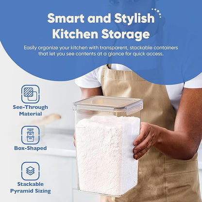 Chef's Path Extra Large Tall Airtight Food Storage Containers, Set of 4, Airtight Food Storage for Flour, Sugar, Rice, Includes Measuring Scoops, Pen, and Labels, 7qt, 220Oz, 6.5L, Transparent