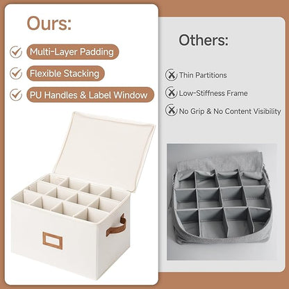 StorageWorks Stemware Storage Cases, Hard Shell Wine Glass Storage Box with Dividers for Glassware, Crystal, and China Holds 12 Standard Size Wine Glasses, 2 Pack, Beige