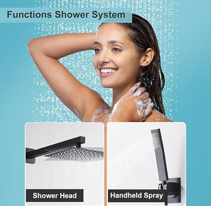 Matte Black Shower Head and Handle Set 8 Inch, Rain Shower Head with 2 Hooks, Luxury Rain Shower Set Square Wall Mount for Bathroom with Rain Shower and Handheld Shower System