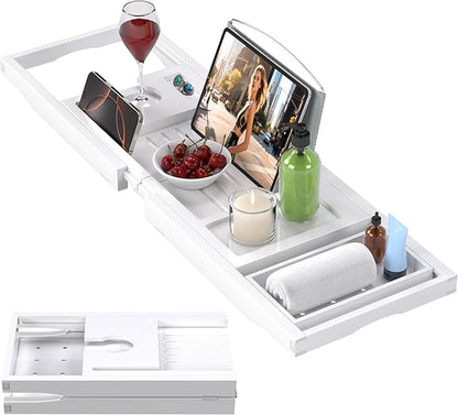 Foldable Bathtub Caddy Tray for Tub,Bamboo Expandable Bath Table Trays,Premium Bathroom Accessories for New Home & Mothers Day & Birthday Gifts for Couples,White