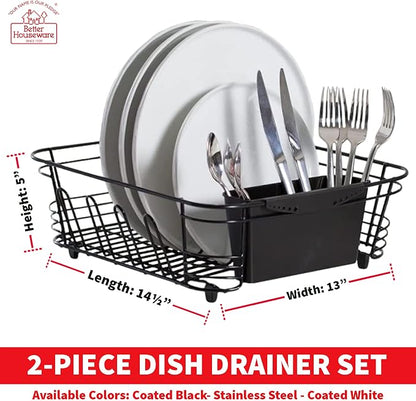 Better Houseware in-Sink Dish Drying Rack, Coated Steel, Black, 14.5 x 13 x 5 Inch, 2-Piece Set with Removable Utensil Caddy and Non-Slip Handles