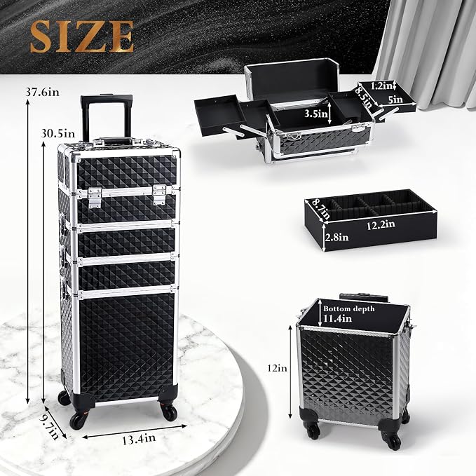 Stagiant Rolling Makeup Case Cosmetology Case on Wheels 4 in 1 Large Cosmetic Organizer Train Case Makeup Travel Case with Key Swivel Wheels Nail Artist Salon Storage Traveling Cart Trunk Black